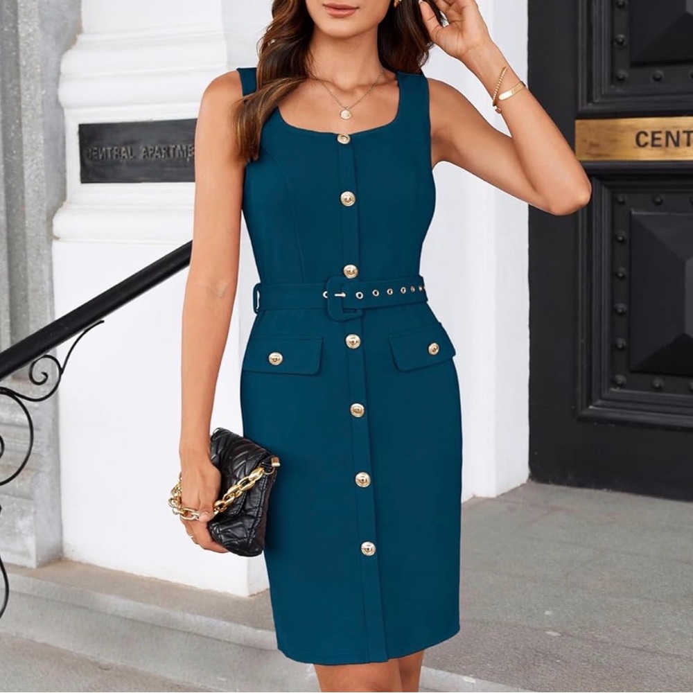 Grace Karin Button Belted Square Neck Sleeveless Bodycon Midi Dress in Blue